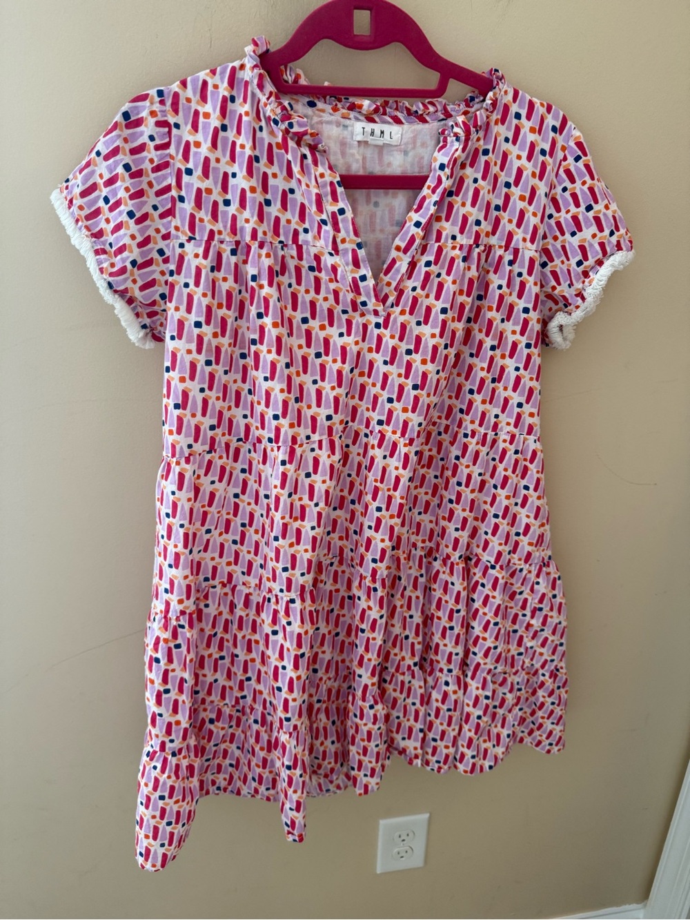 THML Neutral Brushstroke Shirt mini Dress Cotton Pink Accents size Small